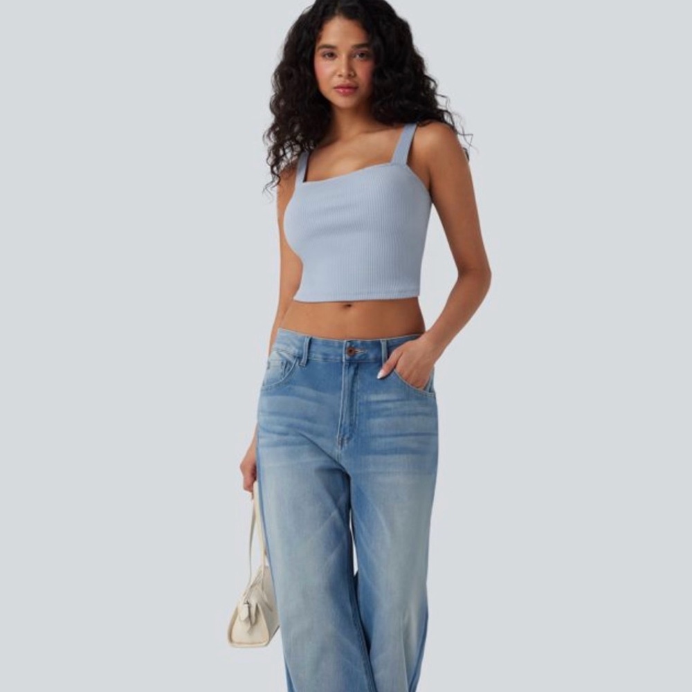 Halara Ribbed Knit Square Neck Cropped baby blue Tank Top‎ sz M NWT